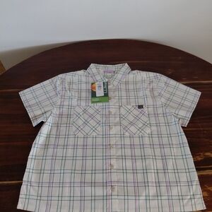 LL Bean UV Short Sleeve Hiking Shirt Plaid Cream and Purple